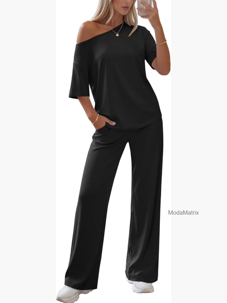 Off Shoulder Lounge Set Short Sleeve Top Wide Leg Pants Two Piece Summer